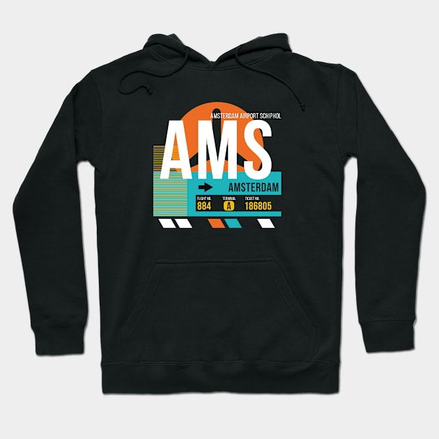 Amsterdam (AMS) Airport // Retro Sunset Baggage Tag Hoodie by Now Boarding